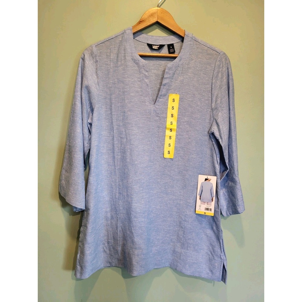 New Lands End Linen Blend Blue Split Neck 3/4 Sleeve Tunic Top Pockets Sz S